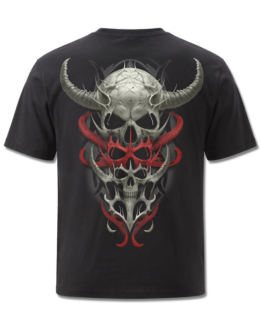 Spiral Skull Synthesis design, back view on Black M101, Rock Off Retail official merch
