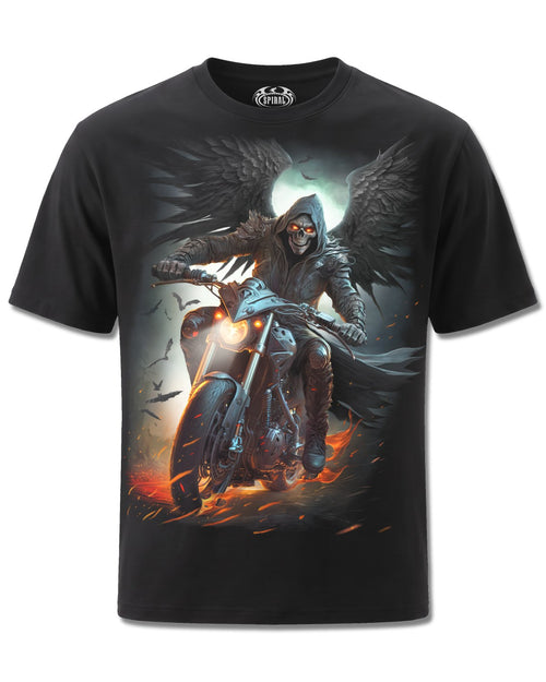 Spiral Night Rider design, front view on Black M101, Rock Off Retail official merch