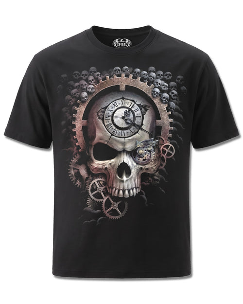 Spiral Reaper Time design, front view on Black M101, Rock Off Retail official merch