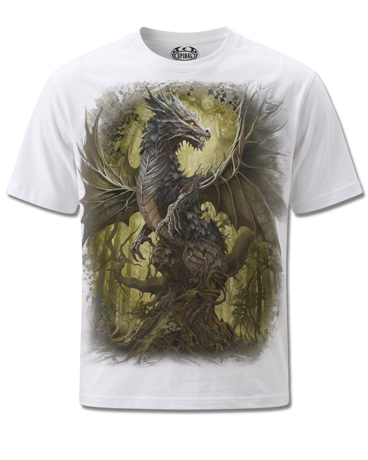 Spiral Oak Dragon design, front view on White M113, Rock Off Retail official merch