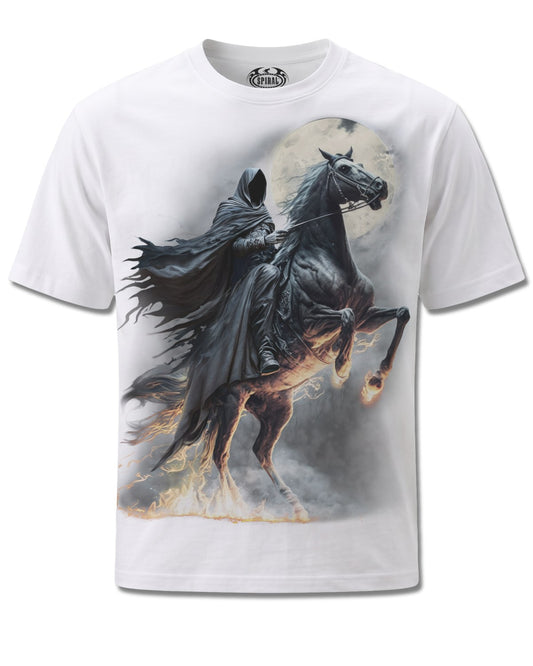 Spiral Shadow Rider design, front view on White M113, Rock Off Retail official merch