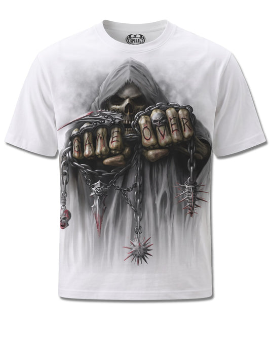 Spiral Game Over design, front view on White M113, Rock Off Retail official merch