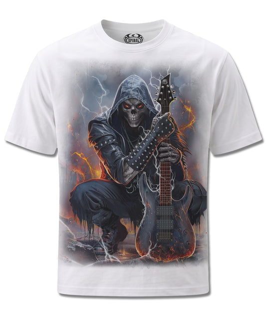 Spiral Death Rocker design, front view on White M113, Rock Off Retail official merch