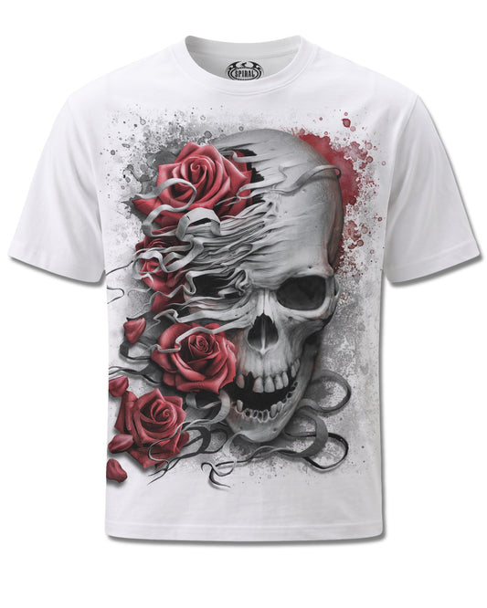 Spiral Skulls N' Roses design, front view on White M113, Rock Off Retail official merch
