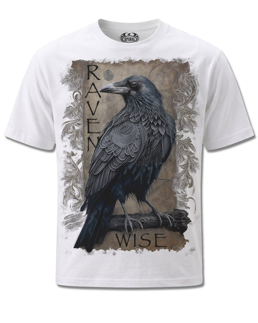 Spiral Raven Wise design, front view on White M113, Rock Off Retail official merch