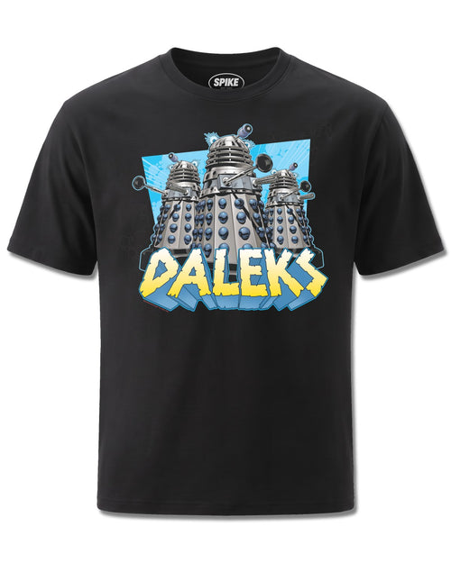 Dr Who Doctor Who Daleks On The March (Dr Who) design, front view on Black M121, Rock Off Retail official merch