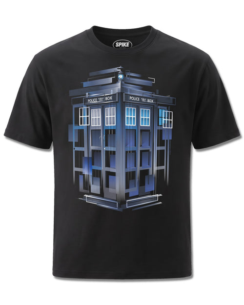 Dr Who Exploding Tardis (Dr Who) design, front view on Black M121, Rock Off Retail official merch