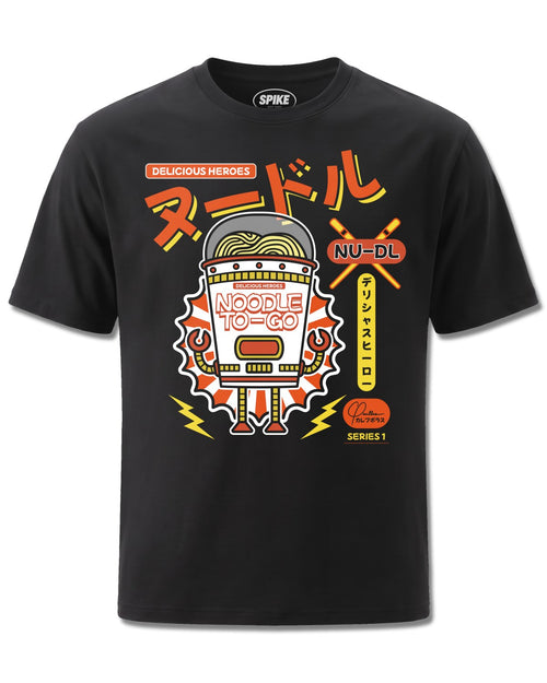 Delicious Heroes Noodle To Go (Delicious Heroes) design, front view on Black M121, Rock Off Retail official merch