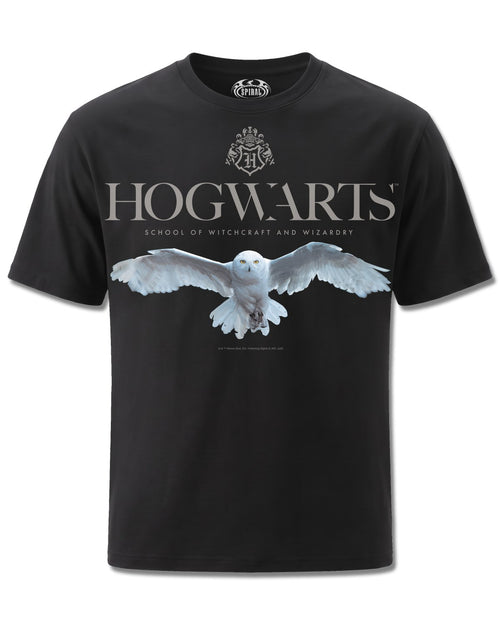Harry Potter Hedwig Hogwarts Logo (Harry Potter) design, front view on Black M121, Rock Off Retail official merch