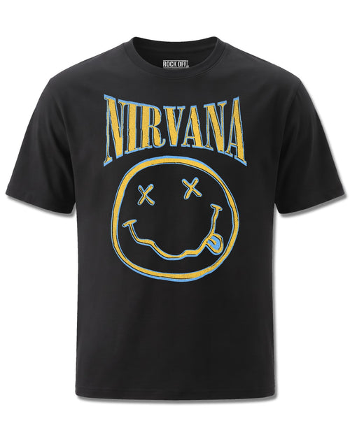 Nirvana Yellow Happy Face (Nirvana) design, front view on Black M121, Rock Off Retail official merch
