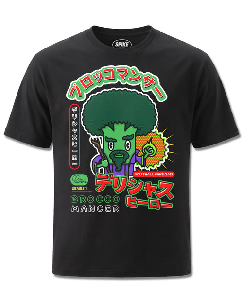 Delicious Heroes Broccomancer (Delicious Heroes) design, front view on Black M121, Rock Off Retail official merch