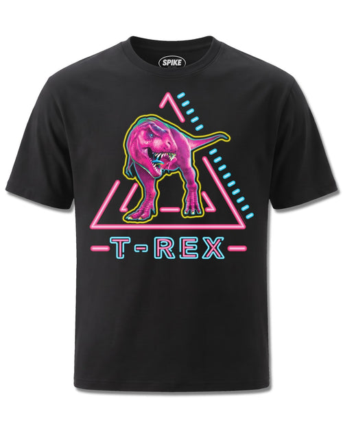 Pd Moreno Neon T-rex (PD Moreno) design, front view on Black M121, Rock Off Retail official merch