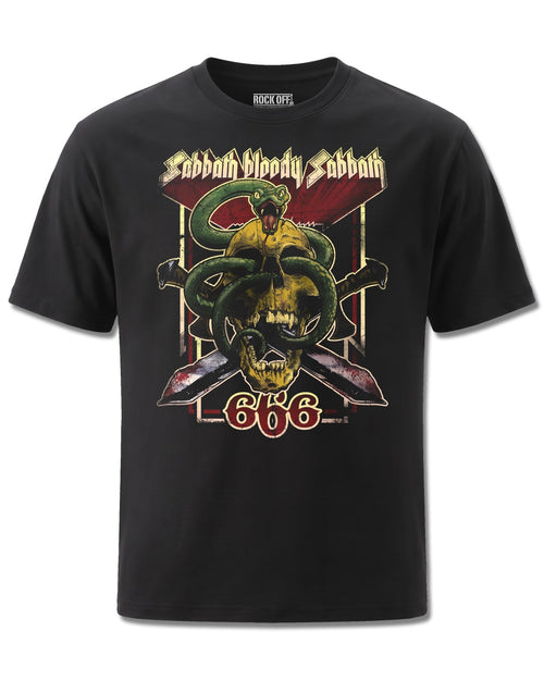 Black Sabbath Bloody Sabbath 666 (Black Sabbath) design, front view on Black M121, Rock Off Retail official merch