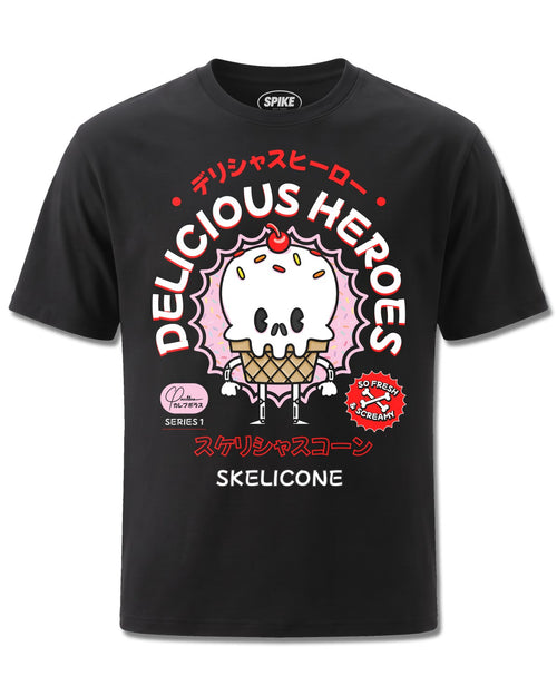 Delicious Heroes Skelicone (Delicious Heroes) design, front view on Black M121, Rock Off Retail official merch