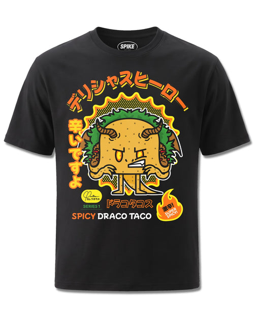 Delicious Heroes Spicy Draco Taco (Delicious Heroes) design, front view on Black M121, Rock Off Retail official merch