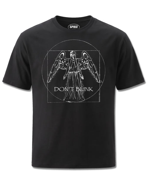 Dr Who Weeping Angel (Dr Who) design, front view on Black M121, Rock Off Retail official merch