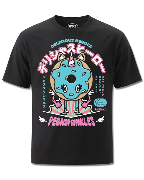 Delicious Heroes Pegasprinkles (Delicious Heroes) design, front view on Black M121, Rock Off Retail official merch