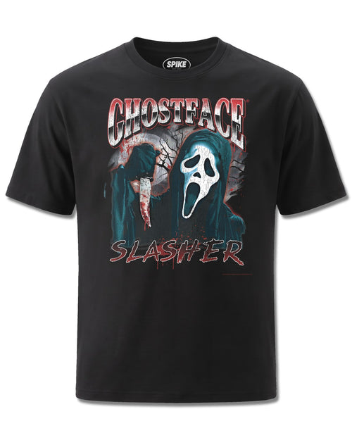 Ghost Face Slasher (Ghost Face) design, front view on Black M121, Rock Off Retail official merch