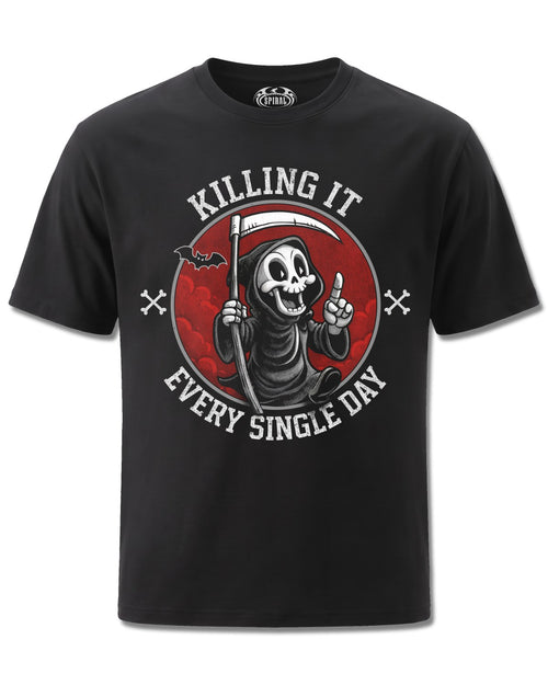 Spiral Killing IT design, front view on Black M121, Rock Off Retail official merch