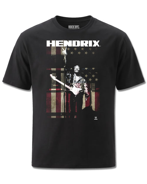 Jimi Hendrix Peace Flag (Jimi Hendrix) design, front view on Black M121, Rock Off Retail official merch
