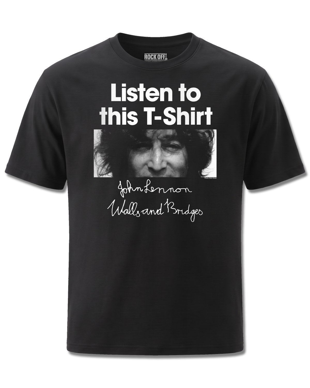 John Lennon Listen (John Lennon) design, front view on Black M121, Rock Off Retail official merch