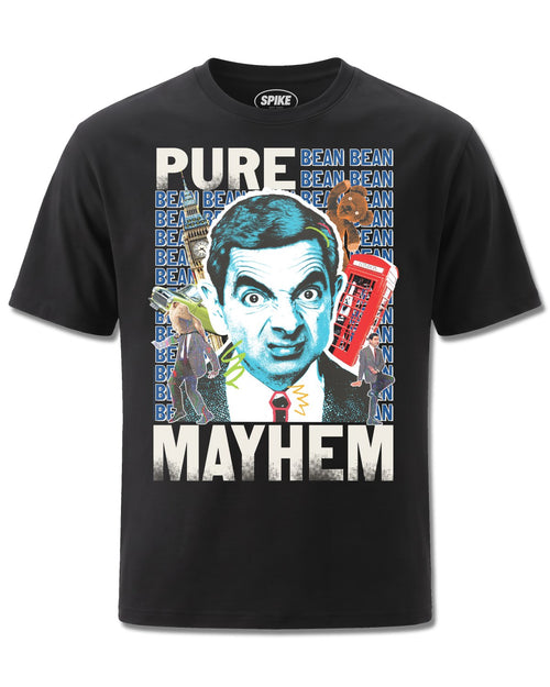 Mr Bean Pure Mayhem (Mr Bean) design, front view on Black M121, Rock Off Retail official merch