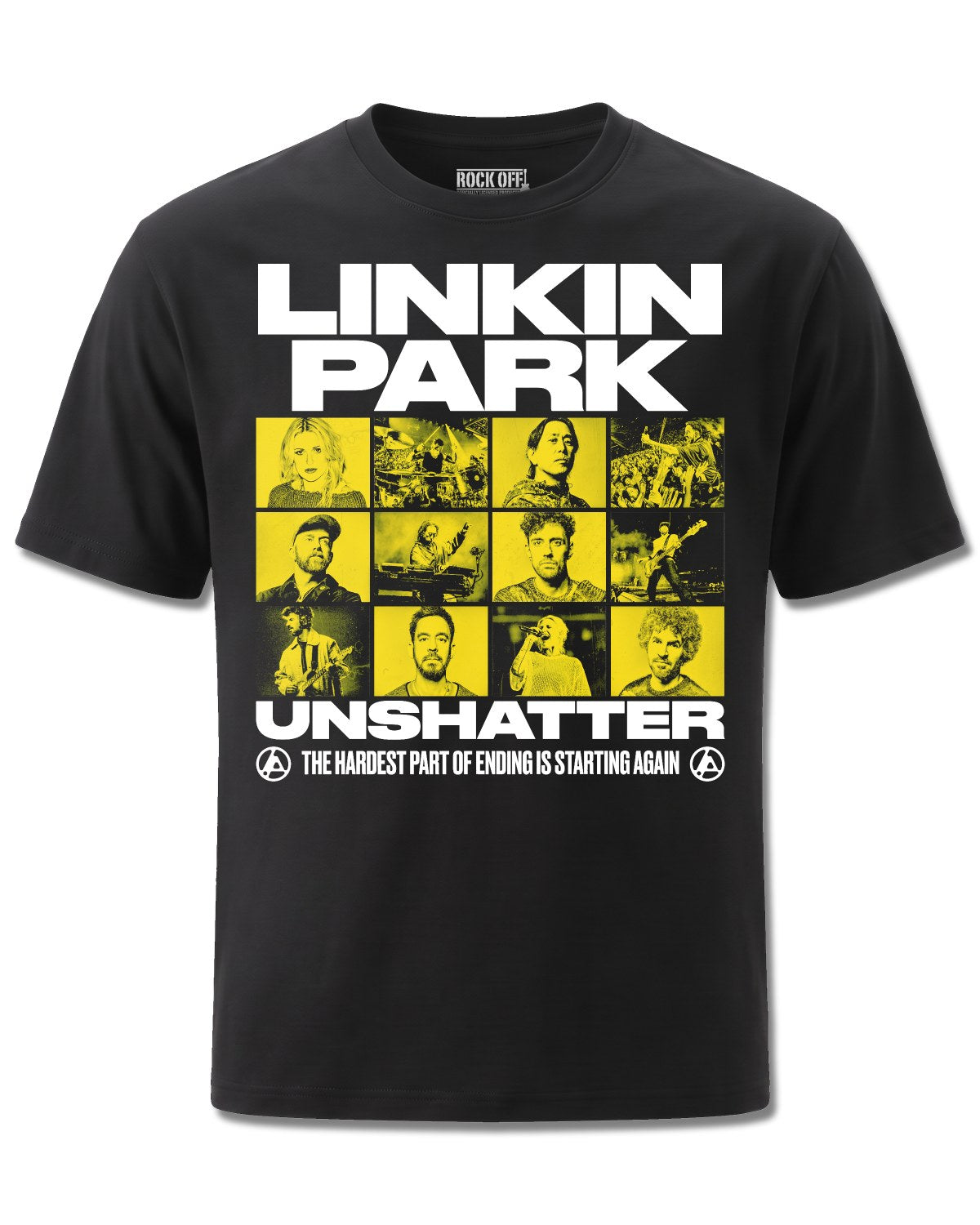 Linkin Park Unshatter (Linkin Park) design, front view on Black M121, Rock Off Retail official merch