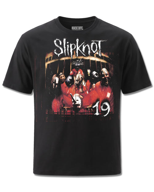 Slipknot Debut Album 19 Years (Slipknot) design, front view on Black M121, Rock Off Retail official merch