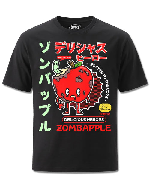 Delicious Heroes Zombapple (Delicious Heroes) design, front view on Black M121, Rock Off Retail official merch