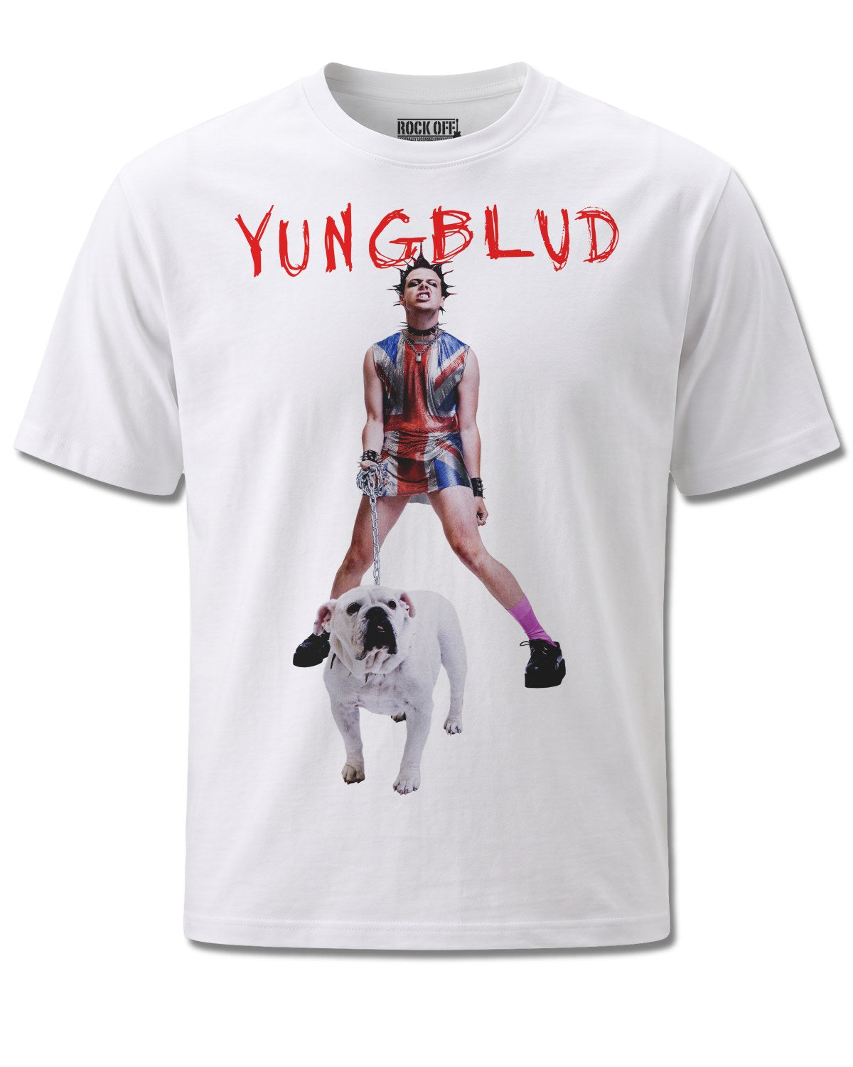 Yungblud Strawberry Lipstick (YUNGBLUD) design, front view on White M137, Rock Off Retail official merch