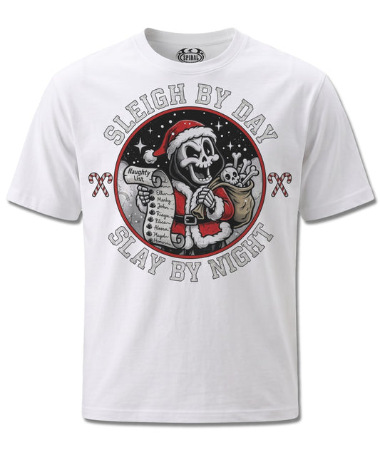 Spiral Slay By Night design, front view on White M137, Rock Off Retail official merch
