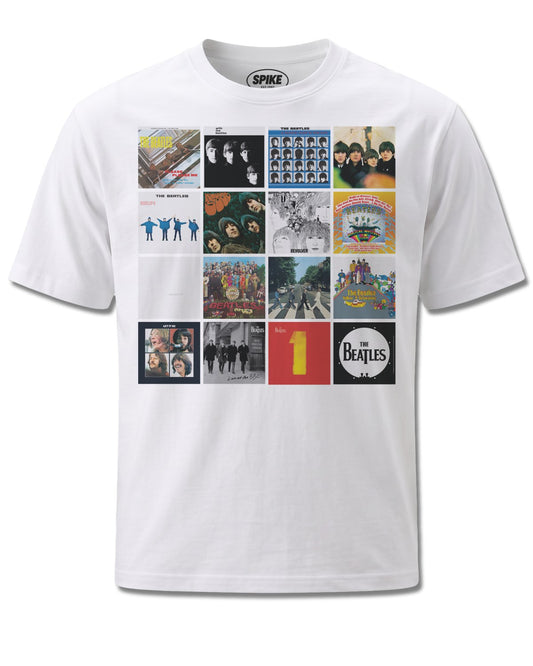 Beatles Album Covers (The Beatles) design, front view on White M137, Rock Off Retail official merch
