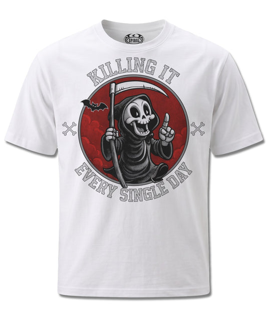 Spiral Killing IT design, front view on White M137, Rock Off Retail official merch