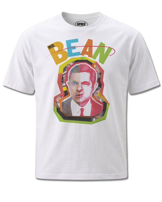 Mr Bean Collage Cut Out (Mr Bean) design, front view on White M137, Rock Off Retail official merch