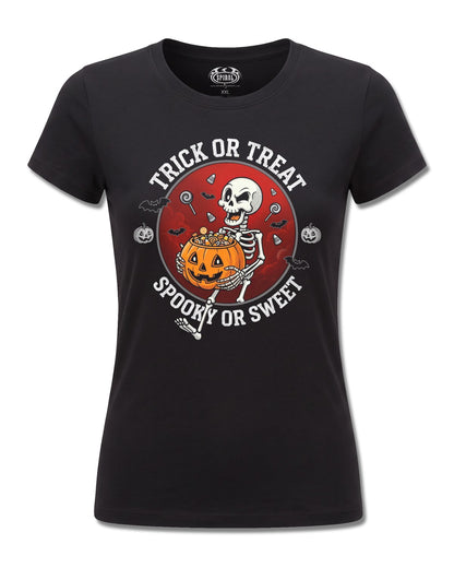 Spiral Spooky Or Sweet design, front view on Black F775, Rock Off Retail official merch