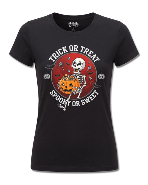 Spiral Spooky Or Sweet design, front view on Black F775, Rock Off Retail official merch