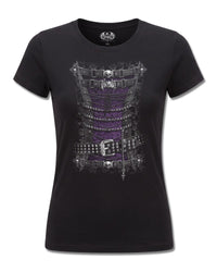Spiral Waisted Corset design, front view on Black F775, Rock Off Retail official merch