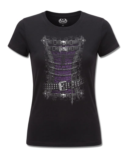 Spiral Waisted Corset design, front view on Black F775, Rock Off Retail official merch