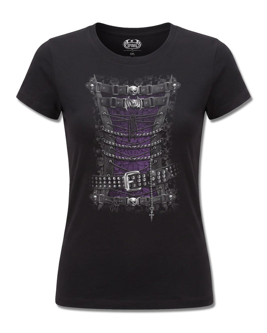 Spiral Waisted Corset design, front view on Black F775, Rock Off Retail official merch