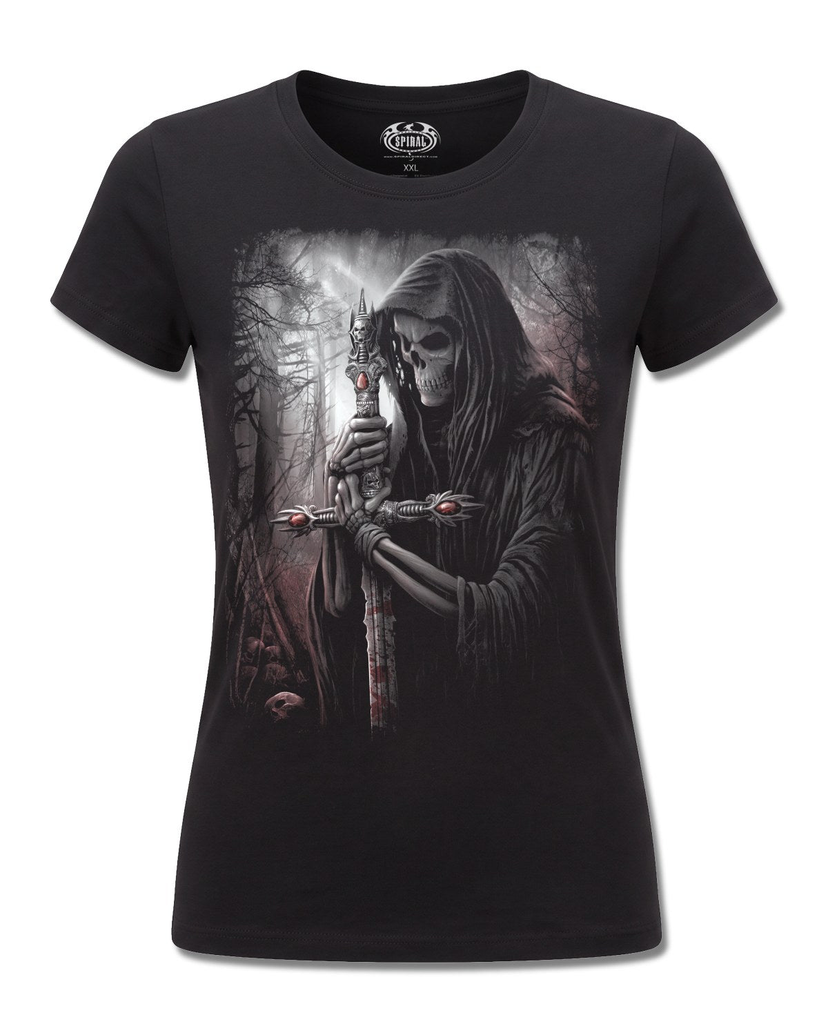 Spiral Soul Searcher design, front view on Black F775, Rock Off Retail official merch
