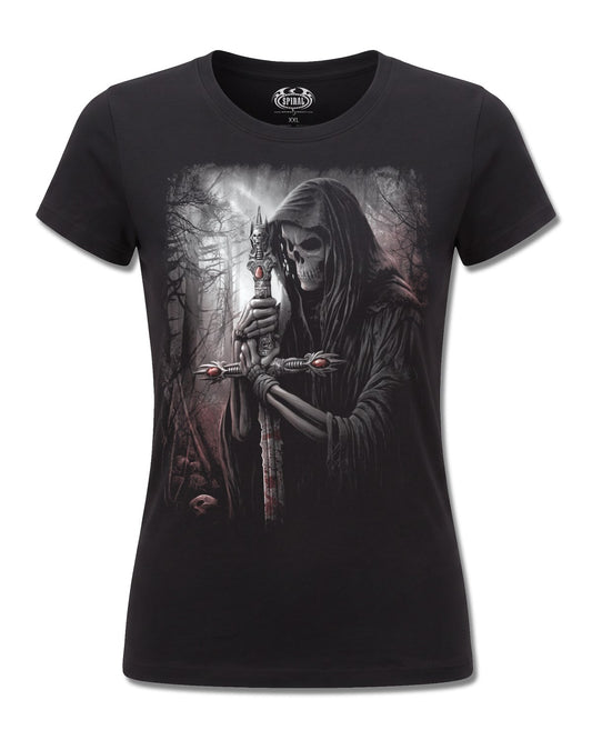 Spiral Soul Searcher design, front view on Black F775, Rock Off Retail official merch