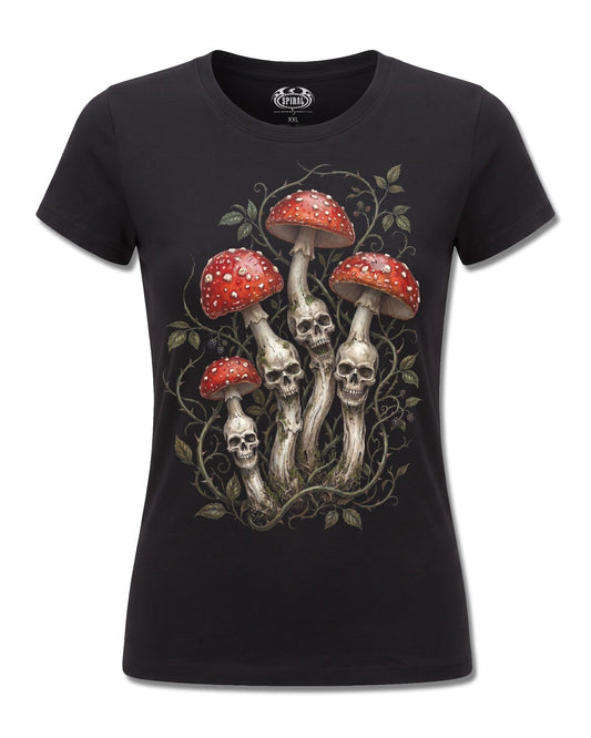 Spiral Shrooms design, front view on Black F775, Rock Off Retail official merch