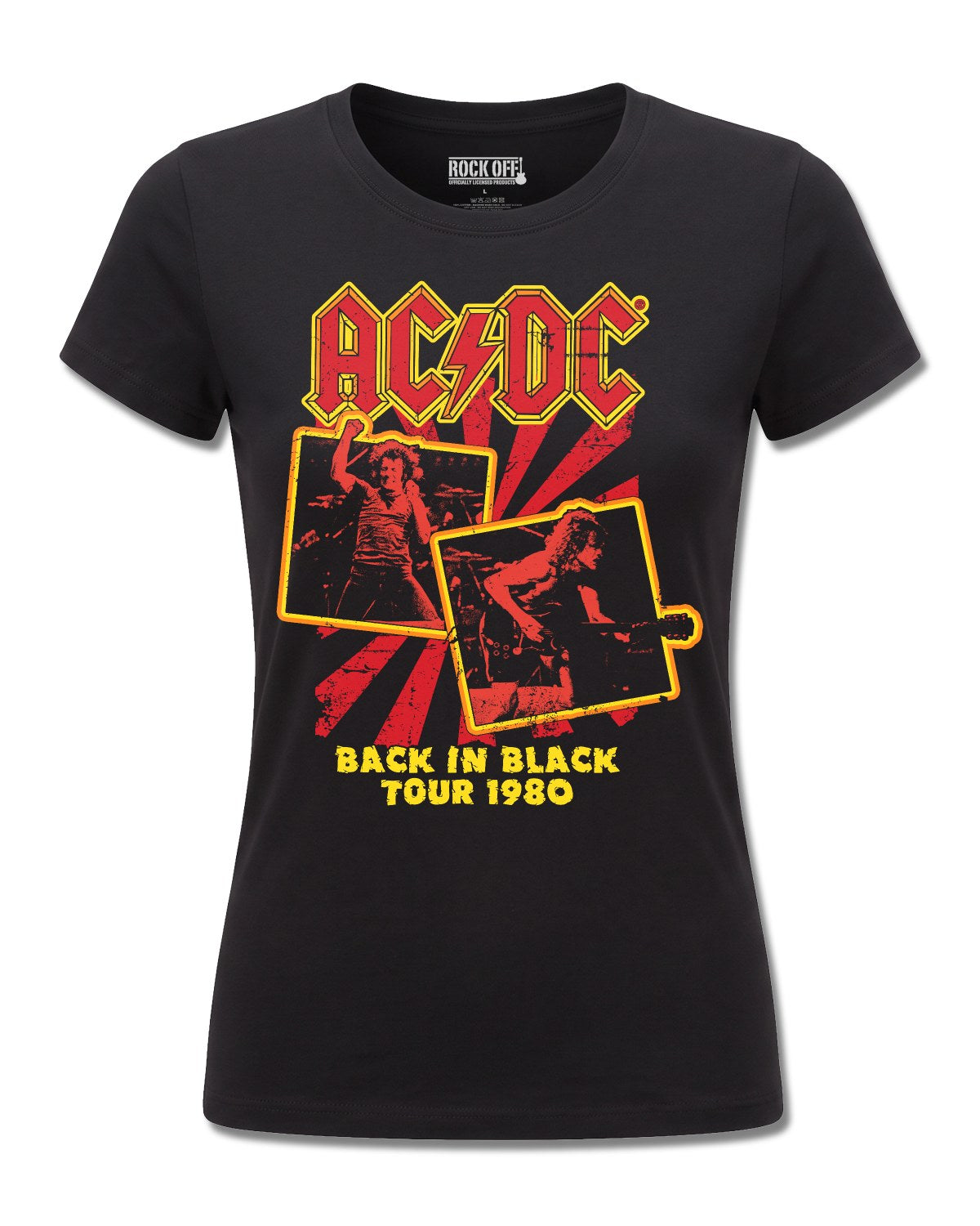 AC/DC Back In Black Tour 1980 (AC/DC) design, front view on Black F775, Rock Off Retail official merch