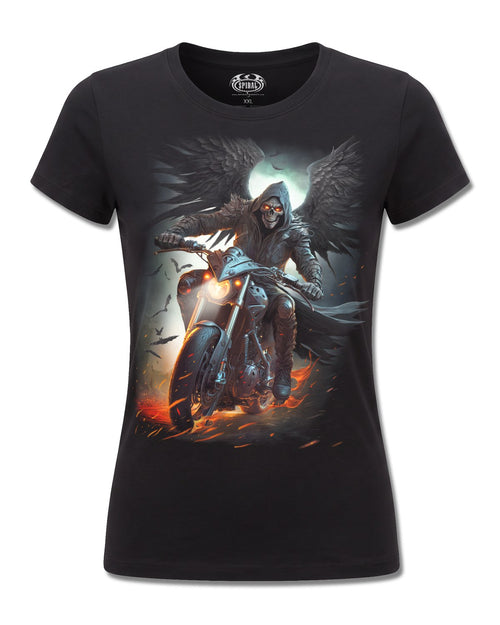 Spiral Night Rider design, front view on Black F775, Rock Off Retail official merch