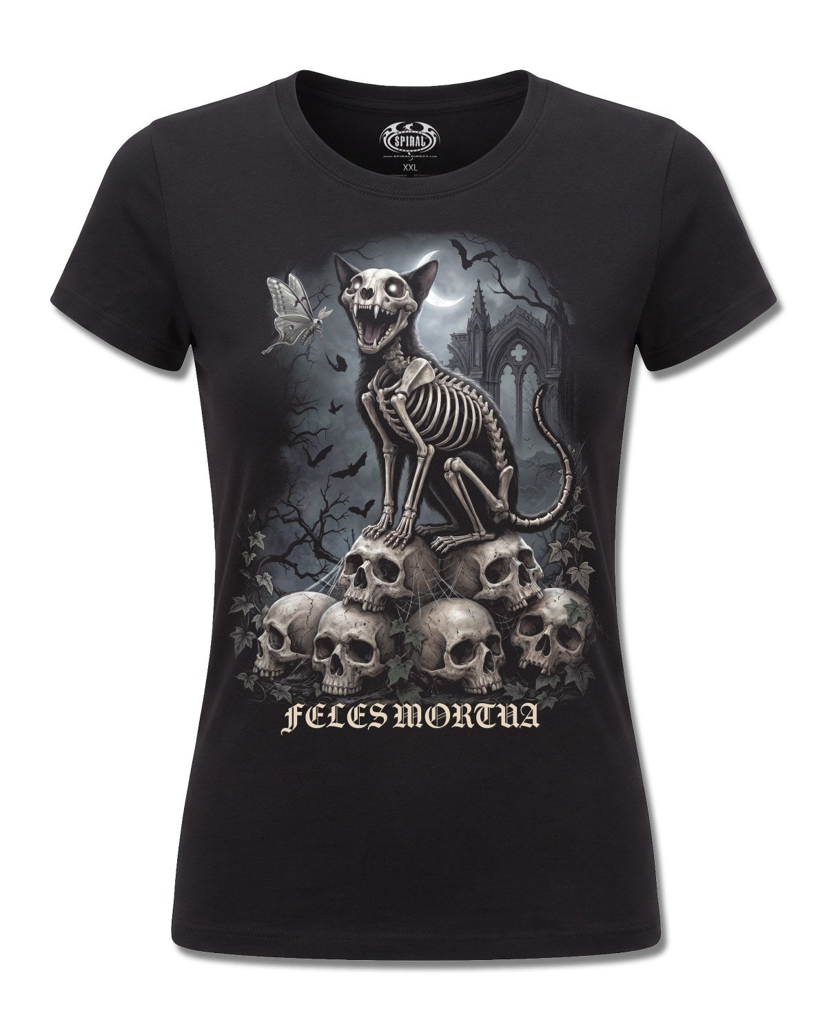 Spiral Feles Mortua design, front view on Black F775, Rock Off Retail official merch
