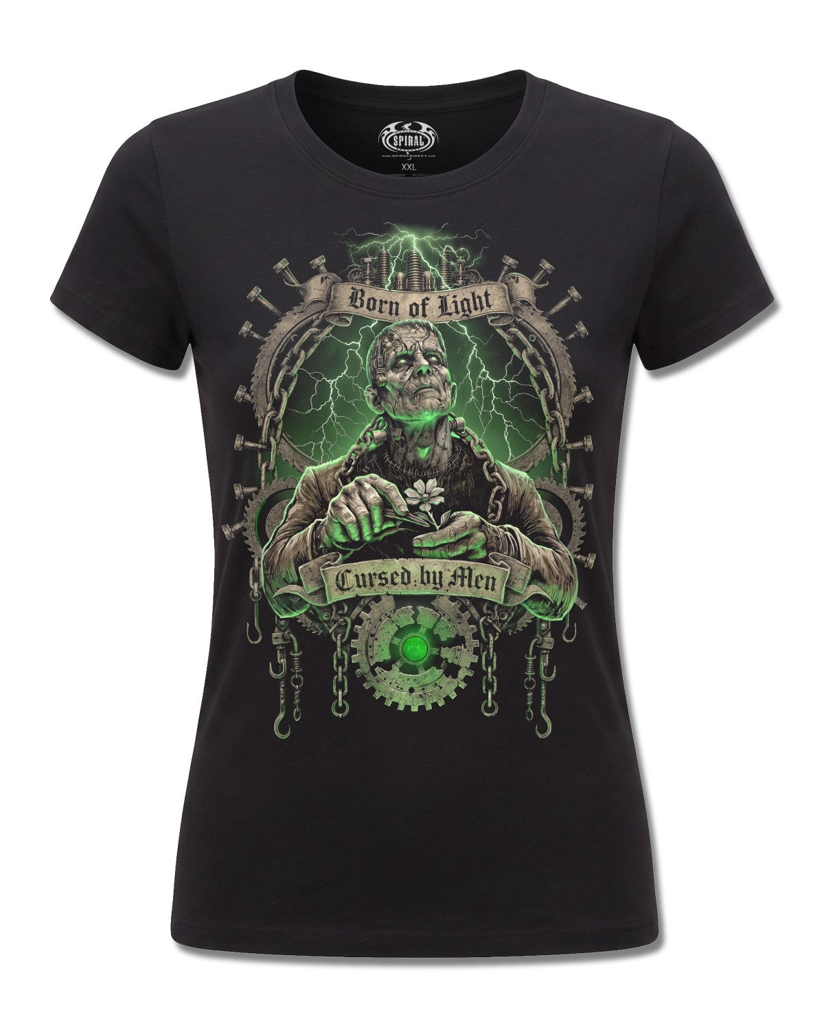 Spiral Cursed By Men design, front view on Black F775, Rock Off Retail official merch