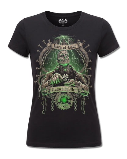 Spiral Cursed By Men design, front view on Black F775, Rock Off Retail official merch