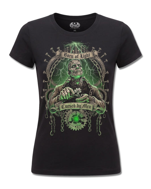 Spiral Cursed By Men design, front view on Black F775, Rock Off Retail official merch