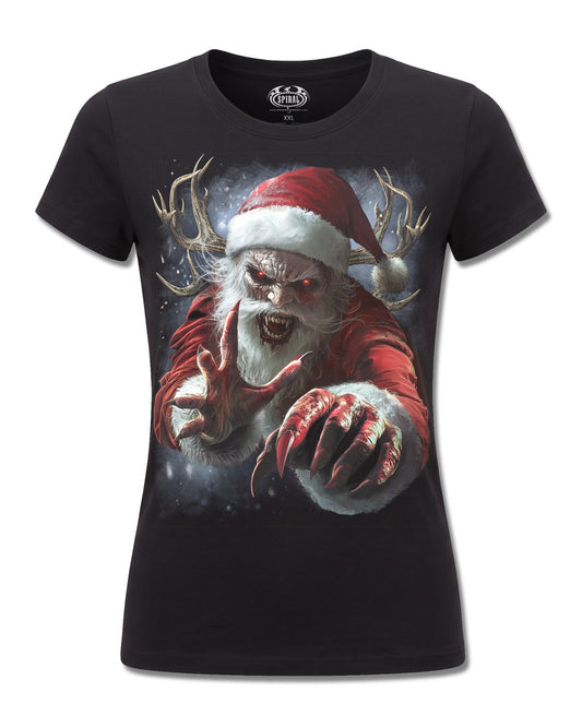 Spiral Naughty Or Nice Santa design, front view on Black F775, Rock Off Retail official merch