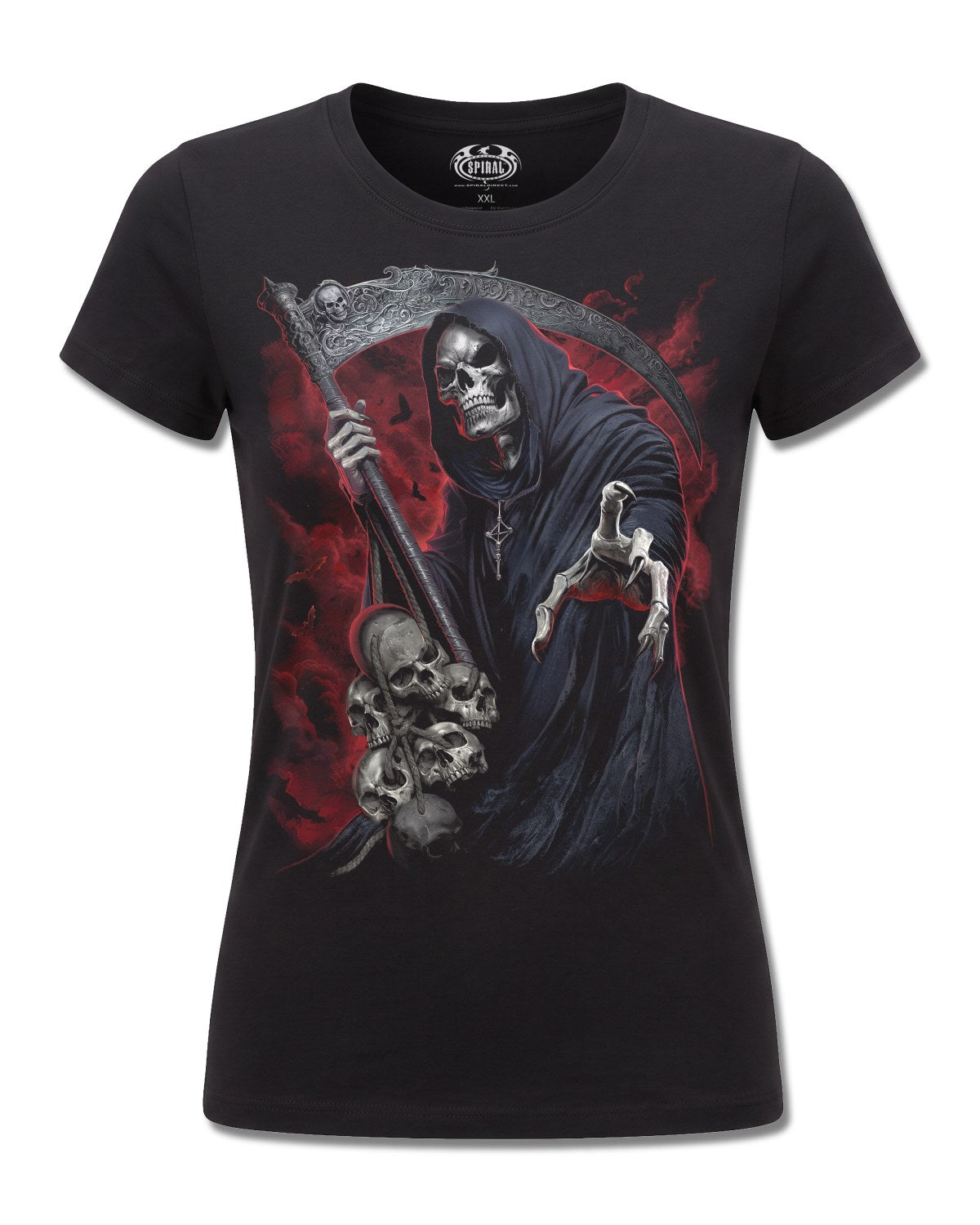 Spiral Reaper Revenge design, front view on Black F775, Rock Off Retail official merch